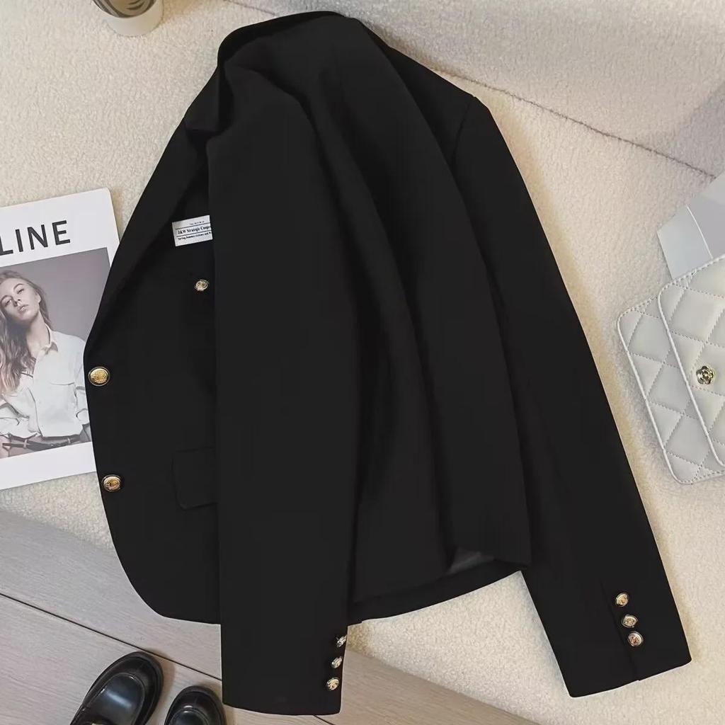 Women's Black Short Suit Jacket, Small Size - 2024 Autumn New College Style, Casual Streetwear