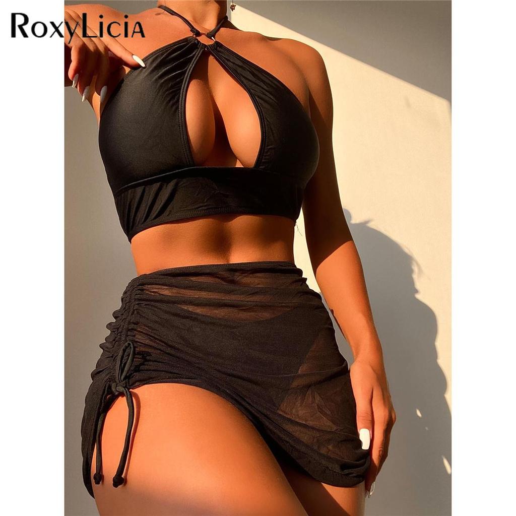 Sexy se sukní Podprsenka Vystřižená Halter Bikiny Dámské Plavky Dámské Plavky Třídílné Bikiny Souprava Koupání Plavky