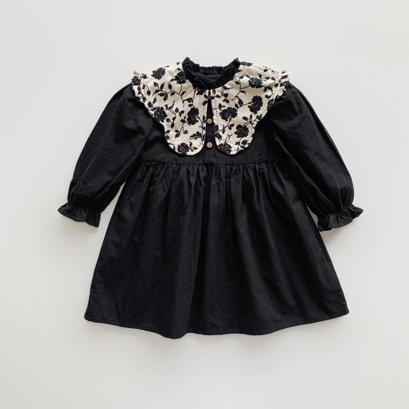 Spring Vintage Stand Collar Court Girls Long Sleeve Dress Elegant Temperament Princess Dress For Kids 110cm чёрный
