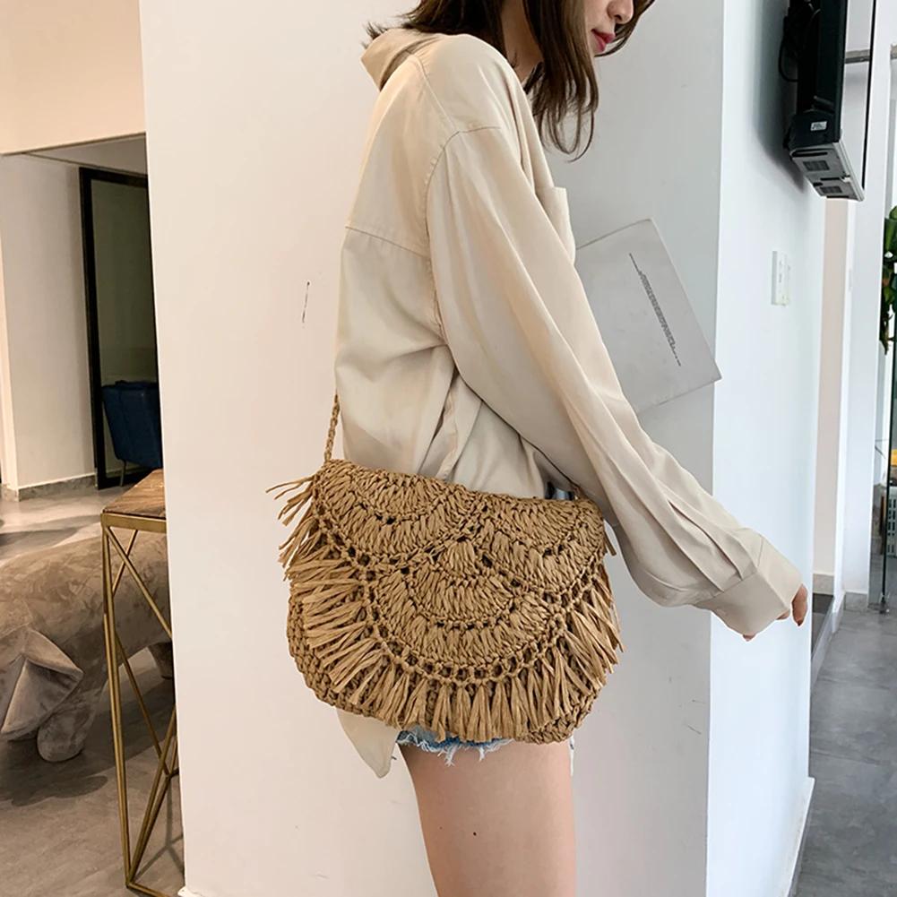 

Straw Weaving Clutch Bag Tassels Design Women Square Wallet Retro Rattan Weave Crossbody Bags Summer Hand-Woven Flap Sling Purse коричневий