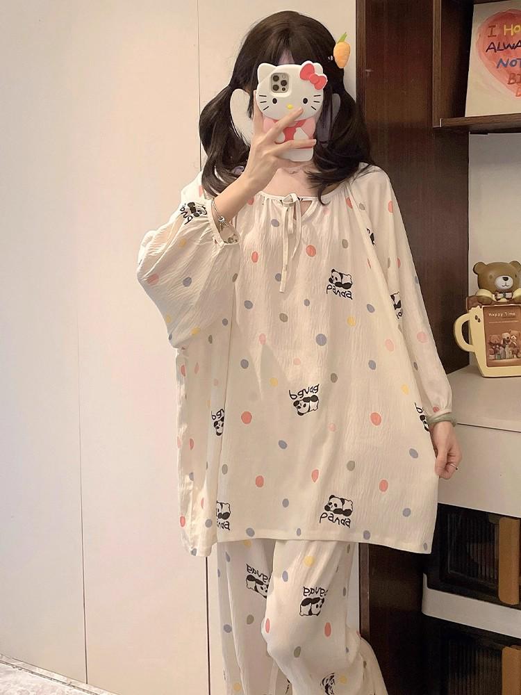 Women's Cloud Cotton Pajama Set: Long Sleeve Round Neck Pullover and Pants for Spring and Autumn.
