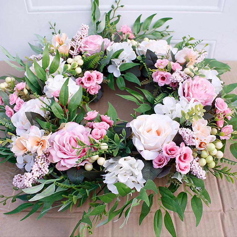 Artificial Hanging Wreath 56cm 22in Greenery Wreath Decoration Elegant Wreath for Front Door Bedroom Living Room Pink