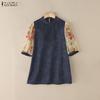 ZANZEA Women Casual Round Neck Print Splice Half Sleeve Lace Blouse