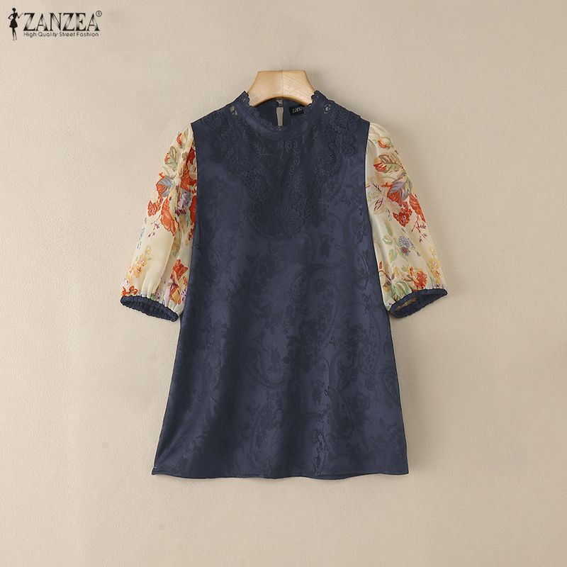 ZANZEA Women Casual Round Neck Print Splice Half Sleeve Lace Blouse