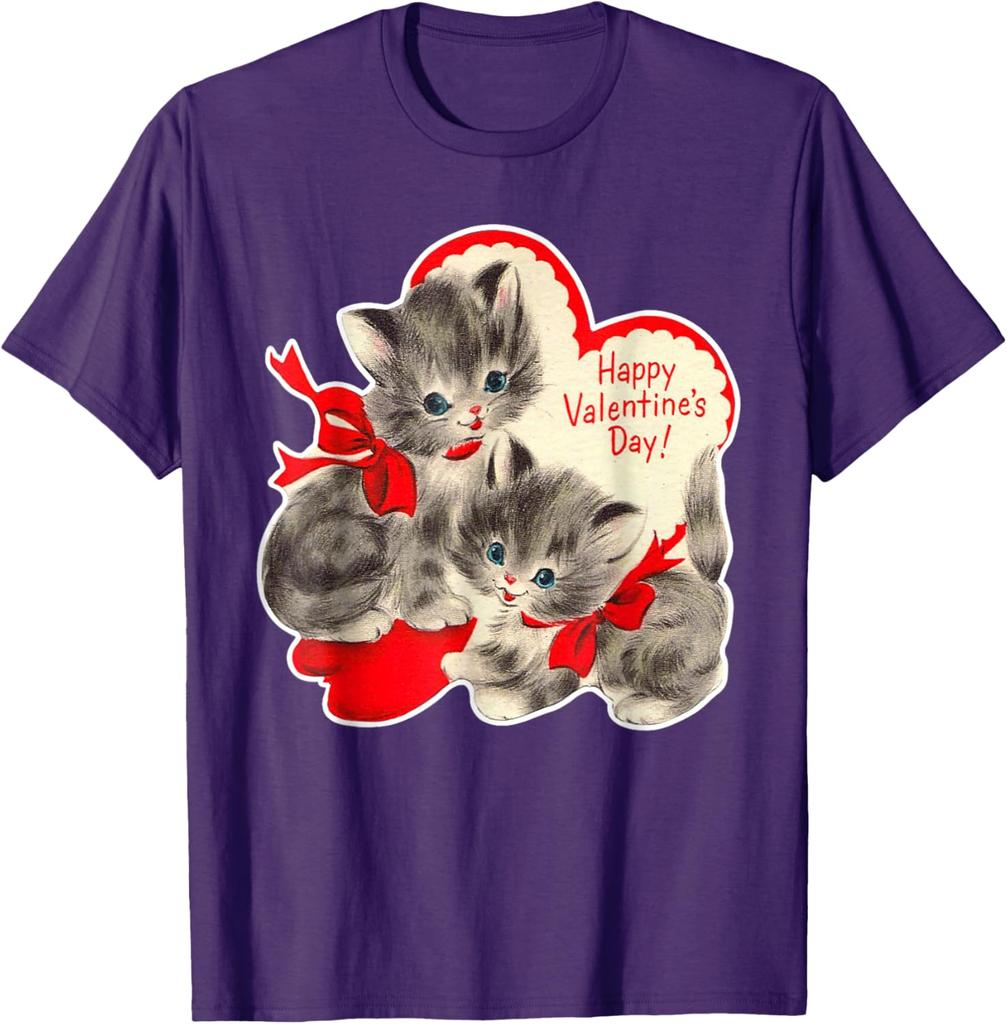 Vintage Kitten Valentine Graphic T-Shirt Retro Holiday Print Soft Cotton Casual Daily Tee