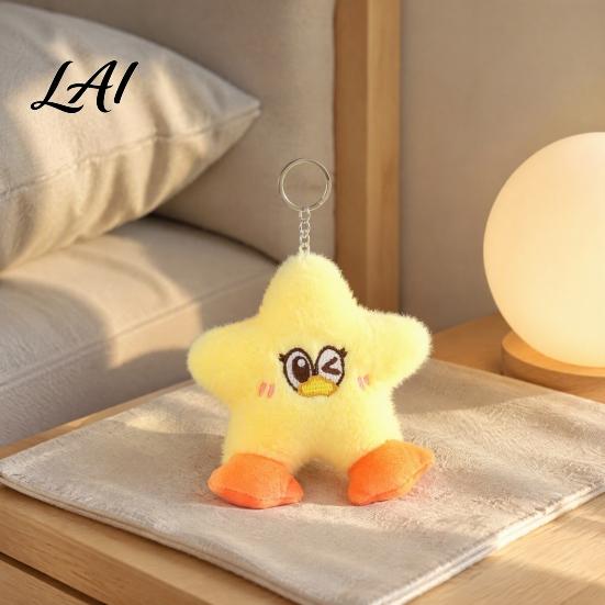 Portable Plush Pendant with Metal Ring Star Duck Keychain Soft Stuffed Animal Embroidered Face Small Toy for Handbags Cute Cartoon Bag Charm