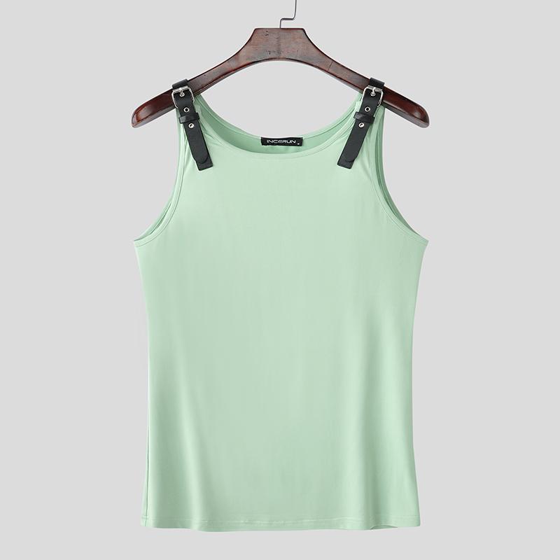 

INCERUN Men Round Neck Sleeveless Adjustable Strap Belt Casual Sport Fitted Tank Tops 5XL зелений