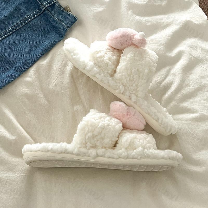 Plush Slippers Women 2025 New Autumn Winter Lightweight Non Slip Soft Sole One Word Slippers Cute Warm Comfortable Flats