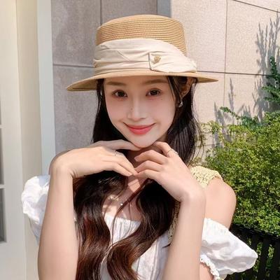 Elegant Flat-top Straw Hat Women's Spring and Summer High-quality Travel Versatile Bow Casual Shopping Sun Hat