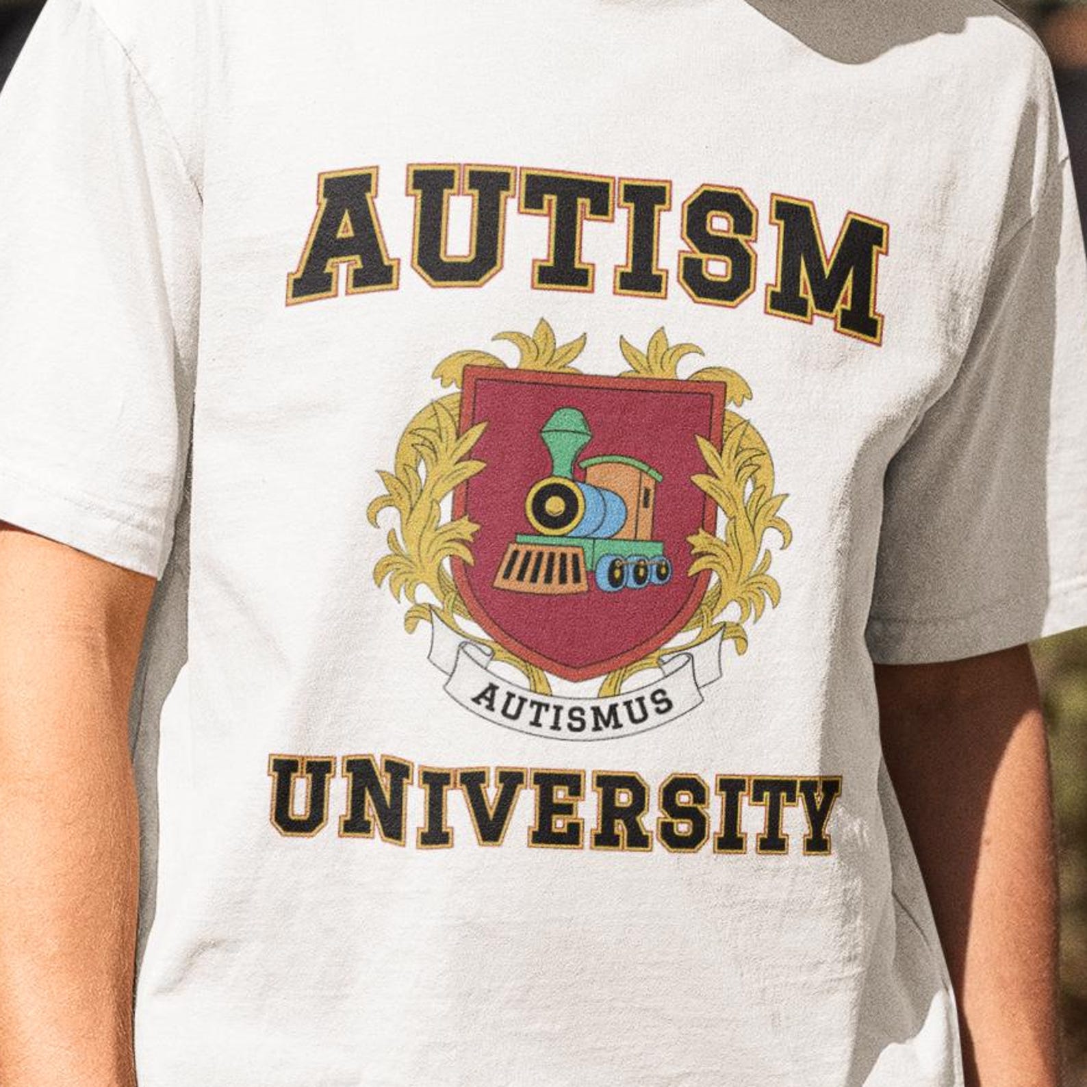 Autism University Tshirt, neurodiversity college shirt, autistic pride shirt, train crest autism tee, autism awareness shirt, big fan trains S