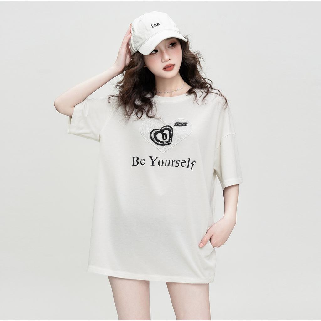 Summer Peach Heart Letter Printed Loose T-shirt, Personalized, Fashionable, Versatile, Loose Short Sleeved Top