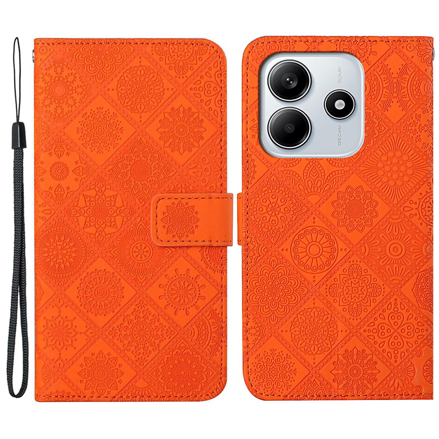 

For Xiaomi Redmi Note 14 5G Case Leather Case Ethnic Style Phone Wallet Cover with Strap Orange