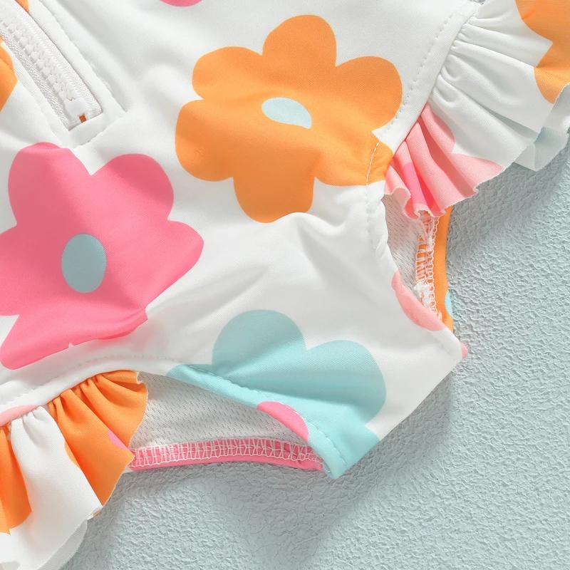 Kids Baby Girl Swimsuits Summer 2024 Floral Long Sleeve Zipper Ruffles Jumpsuit Swimwear Beachwear Bathing Suits