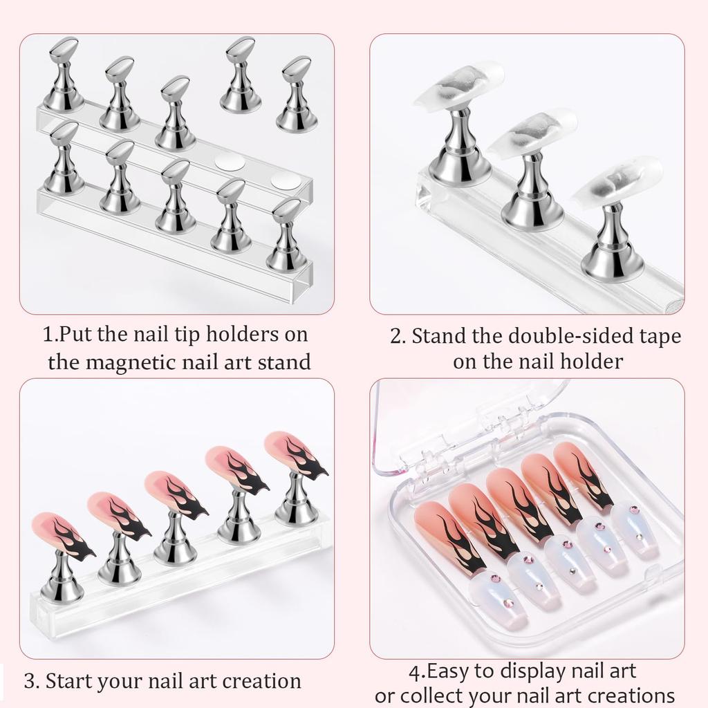 2Set Magnetic Nail Art Display Stand Set Press Nail Holder Acrylic Magnetic Tips With Double-sided Tape  For Home Nail Salon DIY