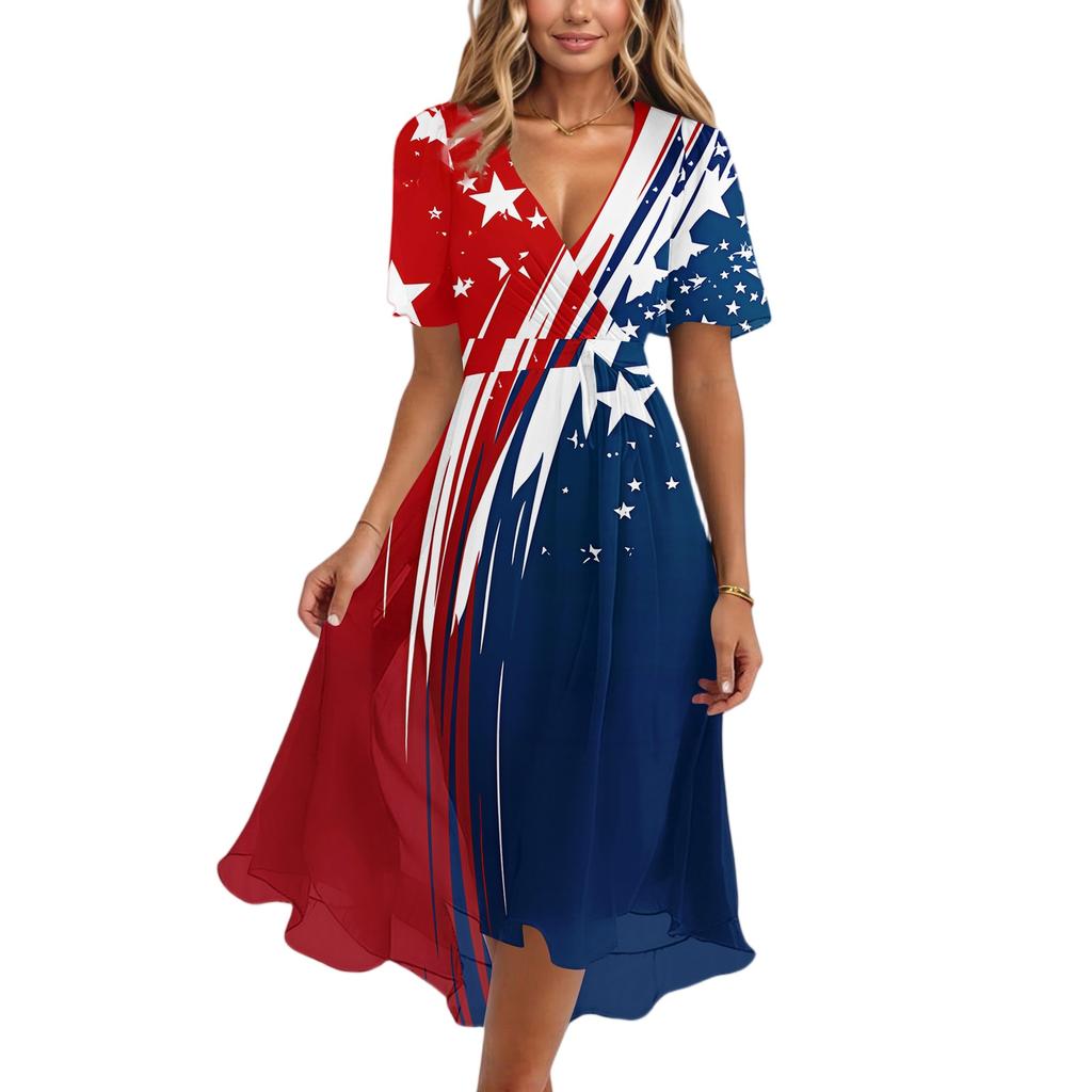 Women's Casual V-Neck Short-Sleeve Independence Day Print Dress