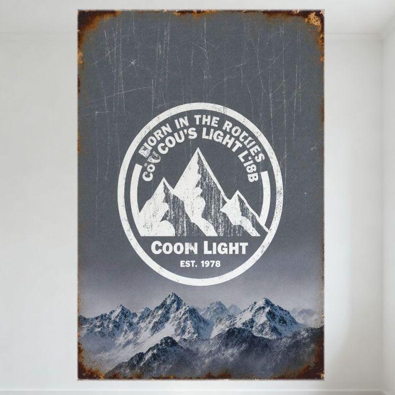 Винтажная металлическая жестяная вывеска Coors Light  Рожден в Скалистых горах , Ржавая окантовка, Грязный серый фон, Горный хребет, Домашний бар, Мужская берлога, Вашингтон 20x30cm（7.8x11.8inch）