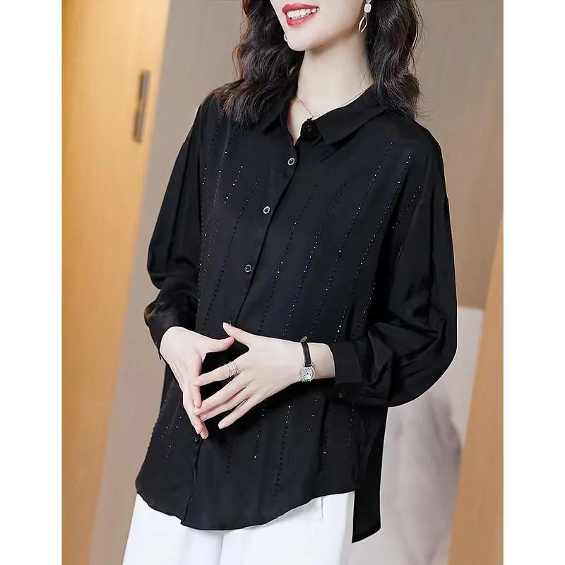 

WTEMPO Черные рубашки высокого класса для женщин, весна-лето, стильные, с длинным рукавом, свободные, большого размера, с отложным воротником, на пуговицах XXL чёрный