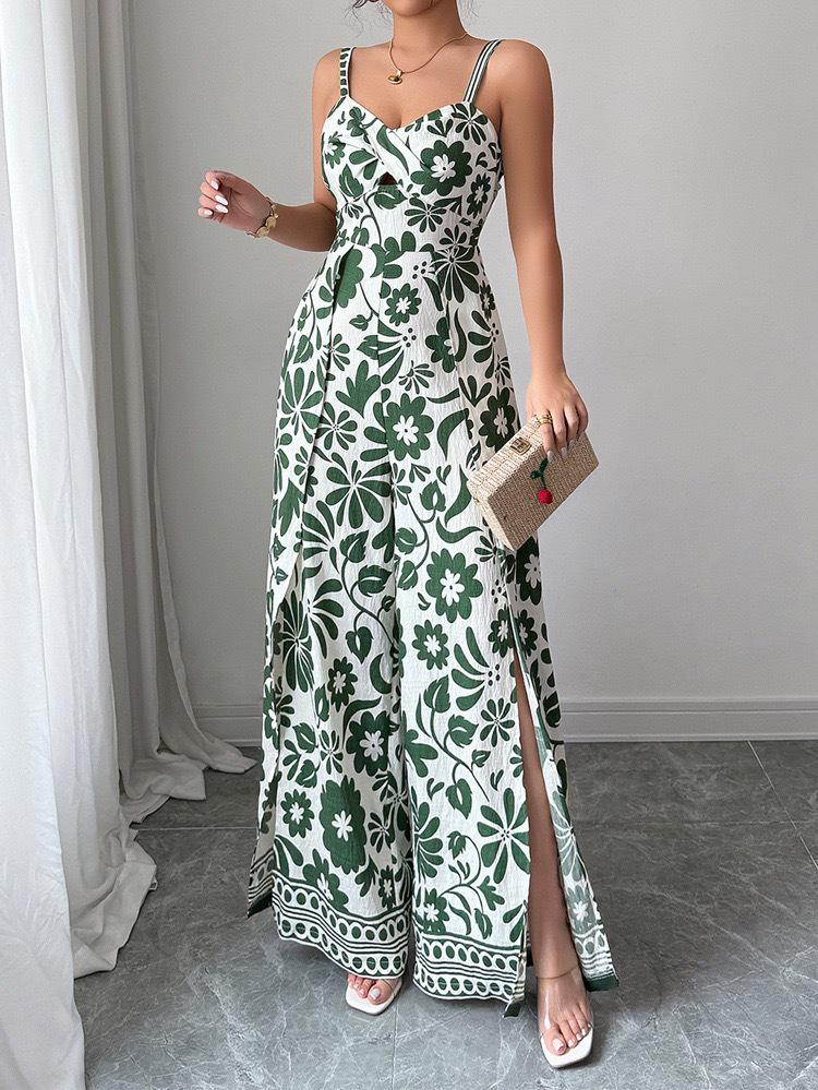 2025 Elegant Twist Print Spaghetti Strap Backless Jumpsuit with Wide Leg and Long Pants Skirt