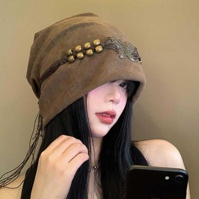 Autumn and Winter British Retro Tassel Beads Butterfly Piles Hat European and American Casual Versatile Pullover Hat Windproof and Warm Cold Hat