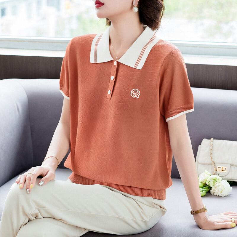 Women s Summer Knit Lapel T-shirt 2XL оранжевый