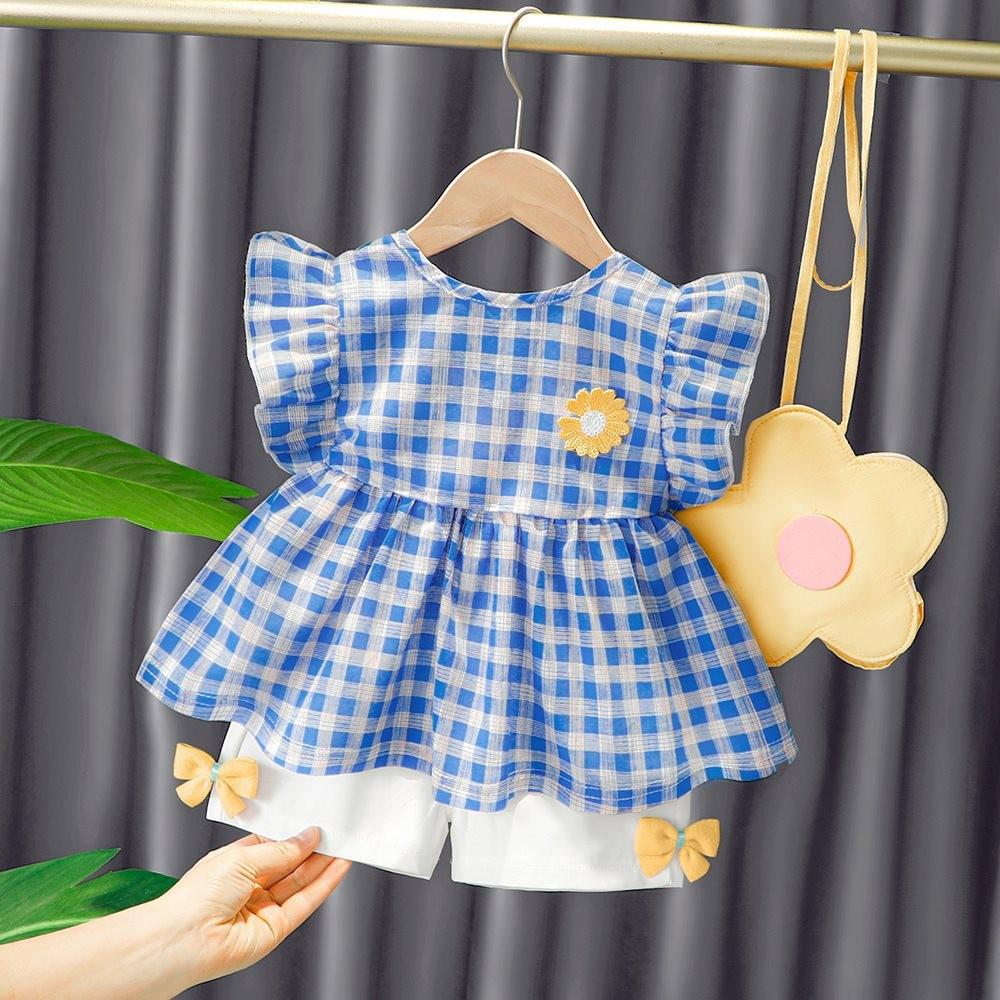 

Adorable Short Sleeve Girls Two Piece Set For Summer Featuring Cute Patterns And Stylish Design For Toddlers Checkered Blue,70cm/27.56in