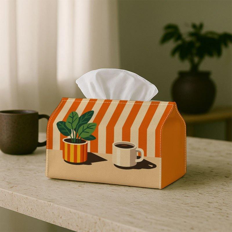 2D Flat 1pc Minimalist Contemporary Graphic Tissue Holder, Featuring a Plant Coffee Stripe Design, Ideal for Everyday Tissue Storage In Your for Home,