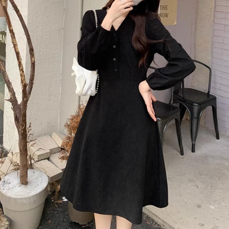 

Женское весеннее платье в стиле ретро во французском стиле с V-образным вырезом и ремешком на талии из качественного вельвета 2XL чёрный