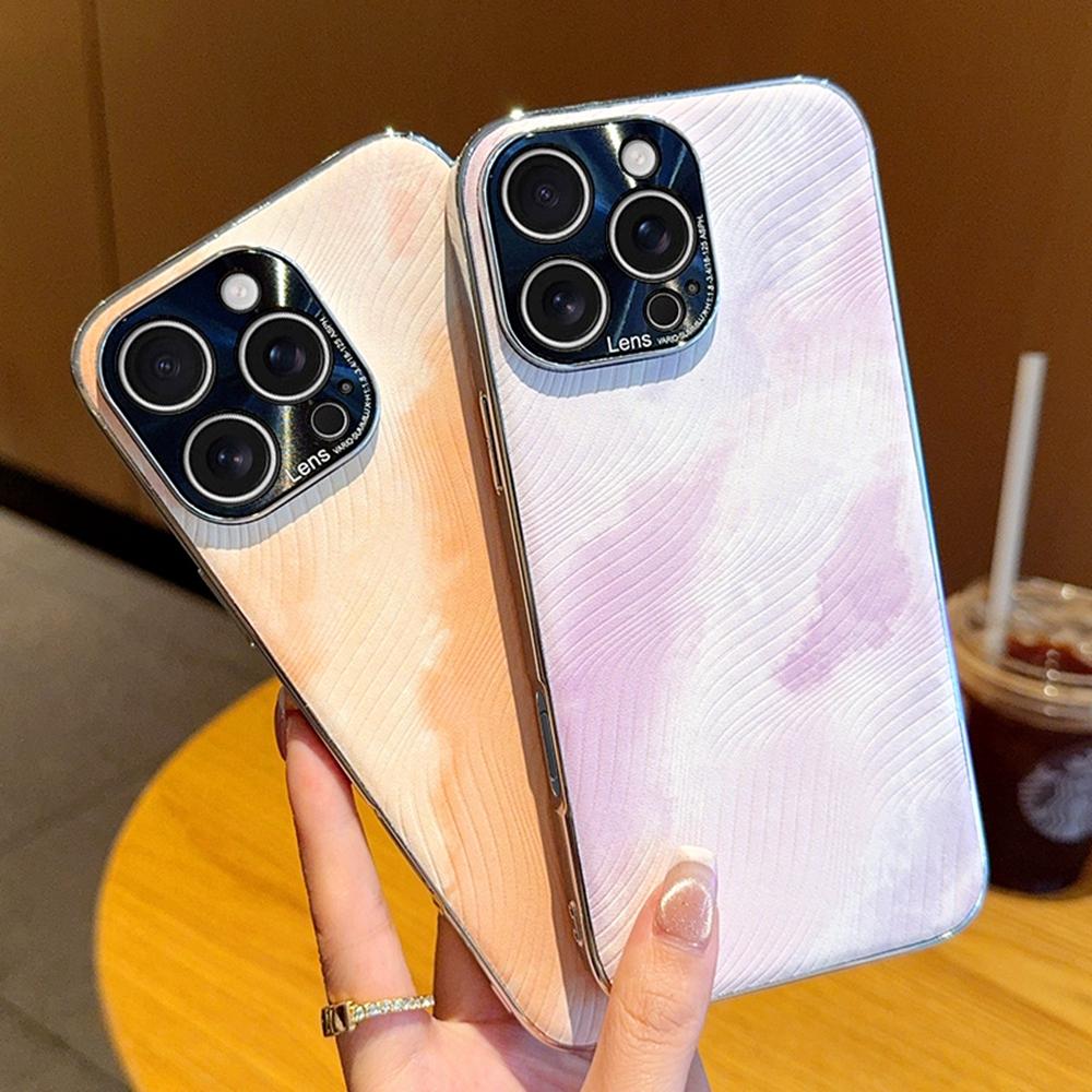 For iPhone 16 Pro Max Case Electroplated Watercolor PC+PU Leather Phone Back Cover