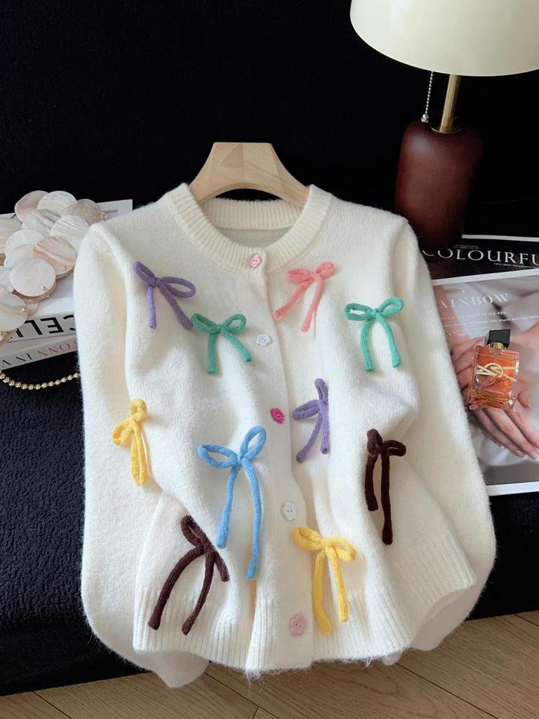 Korean Style Colorful Bow Round Neck Loose Knit Cardigan Sweater