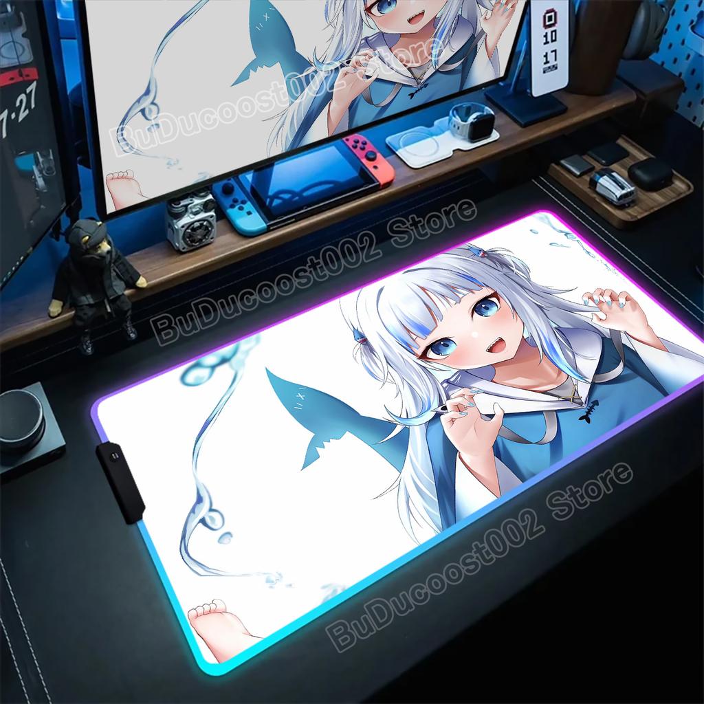 Hololive Gawr Gura RGB Mouse Pad Glowing Large Computer Mouse Pad Accessories XXL Pc Gamer HD Non-slip Deskmat Mousepad Keyboard