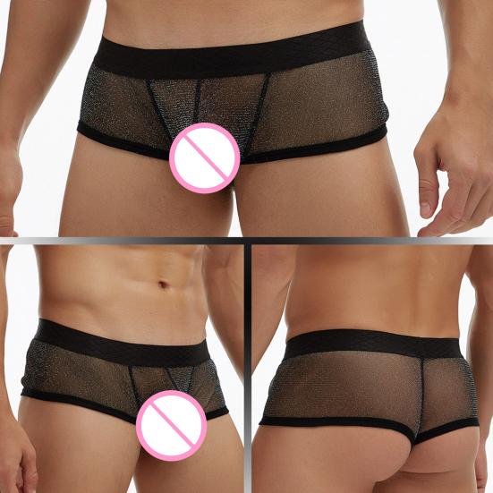 Pánské boxerky se sníženým pasem, průhledné, tenké šortky, kalhotky, patchworková barva, U-vypouklý střih, široká guma v pase, spodní prádlo