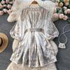 Court Style Retro Printing One Piece Dress Women V-neck Elegant Short Party Dresses Female French Belt High Waist Chic Dress Vacation