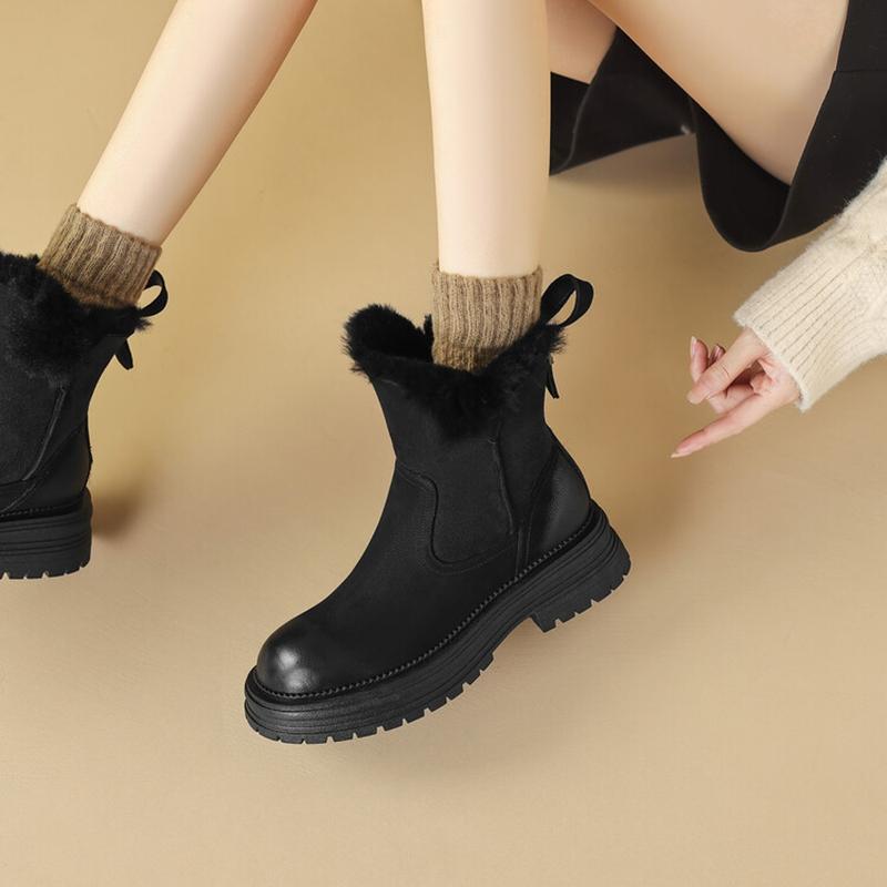Fashion NEW Winter Women Boots Genuine Leather Shoes for Women Round Toe Chunky Heel Shoes Solid Zip Platform Shoes Warm Wool Snow Boots