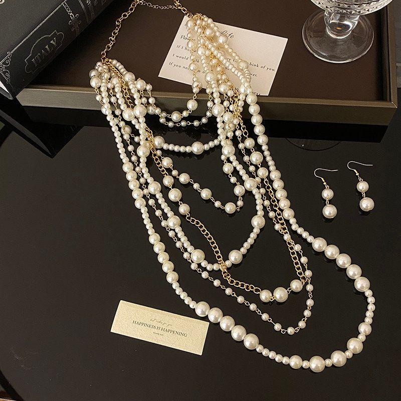 

Fashion Exaggerated Multi-Layer Pearl Necklace and Earrings Suite Women s Fashion Long Heavy Industry Sweater Chain Elegant Classy Accessories Multi-Layered Pearl Necklace + Earrings
