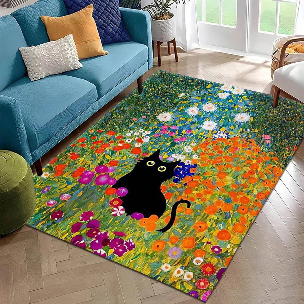 3D Black Cat K-Klimt Garden Flowers Carpet Rug for Art Living Room Decor Sofa Home Gifts Kids Game Area Rug Non-slip Floor Mat