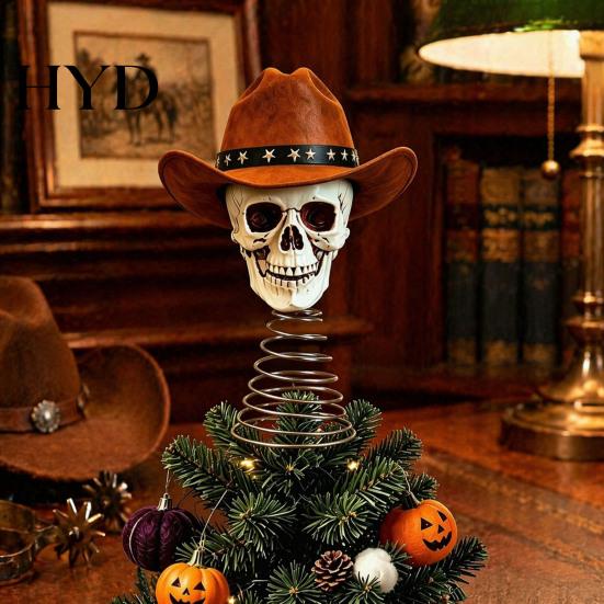 Creative Holiday Tree Topper Gothic Skull with Cowboy Hat, Vintage Western Christmas Skeleton Ornament for Halloween, Spooky Top Decoration Decorative