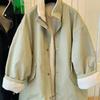 Womens Warm Fleece-Lined Stand Collar Cotton Coat Mid-Length Loose Fit Winter Outerwear