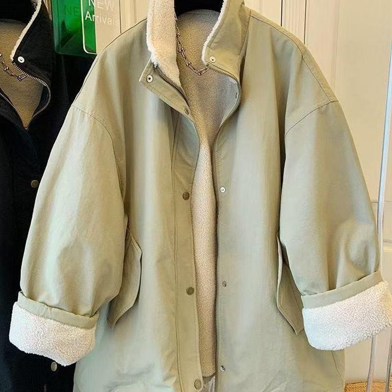 Womens Warm Fleece-Lined Stand Collar Cotton Coat Mid-Length Loose Fit Winter Outerwear