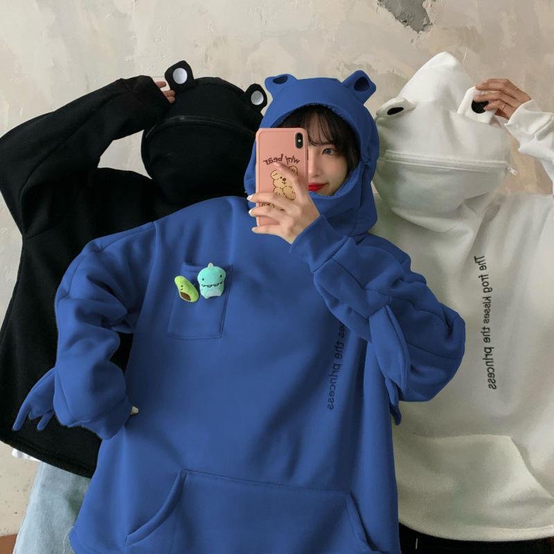 Women's Trendy Frog Pullover Hoodie - Long Sleeve, Unisex, Plus Velvet, Autumn/Winter Style