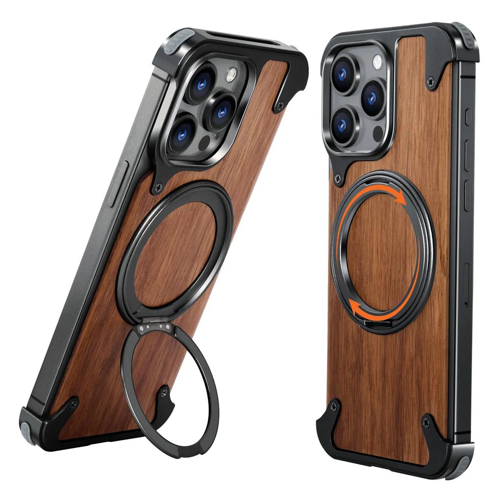 Oatsbasf Magnetic Phone Case for iPhone 16 Pro/16 Pro Max with 360°Rotatable Stand Wooden Protective Cover Wireless Charging