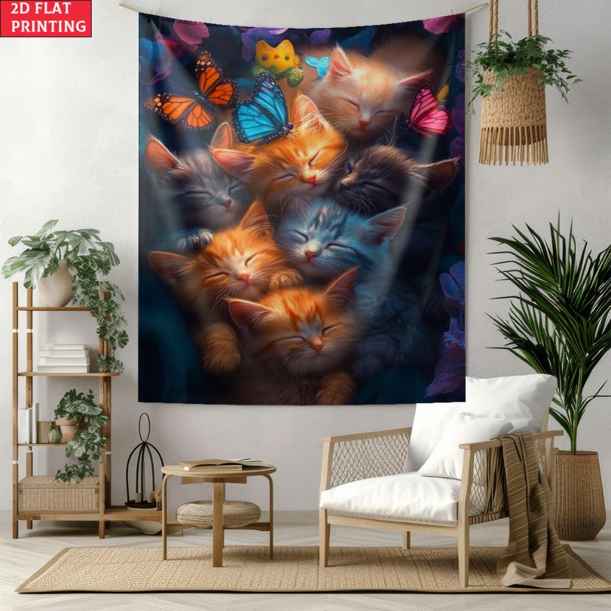 

Cute Sleeping Kittens Tapestry Colorful Butterflies Cat Wall Hanging Aesthetic Nursery Room Decor Extra large size 74x94cm(29x37in)