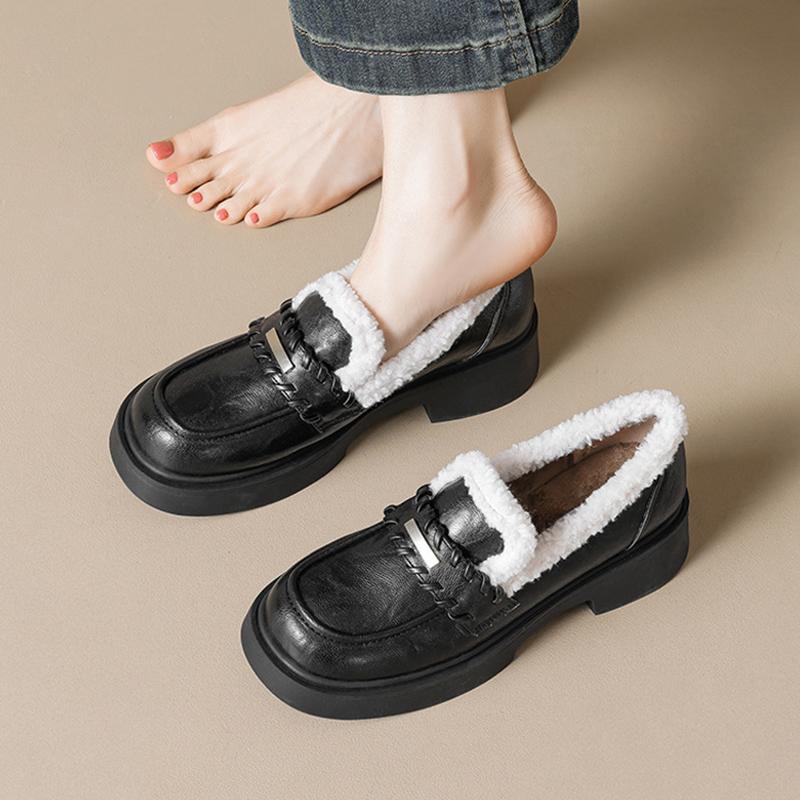 Soft Black Winter Fur Shoes Women Loafers Warm Plush Non-slip Fashion Brand Ladies Shoes Square Heels 4cm Plus Size 42