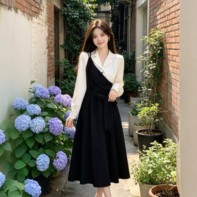 Splicing skirt children's French temperament fake two-piece suit dress women's large size light and familiar style