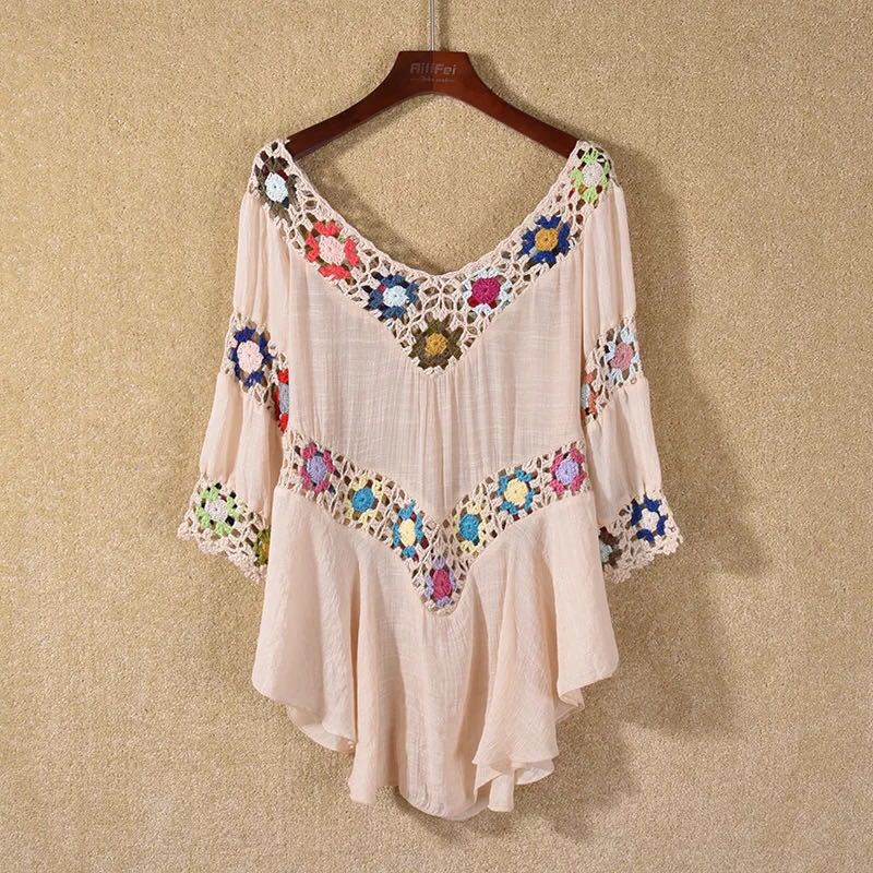 Woman Beach Coverups Bohemian Style Hollow Out Floral Bikini Loose Coverups Beachwear