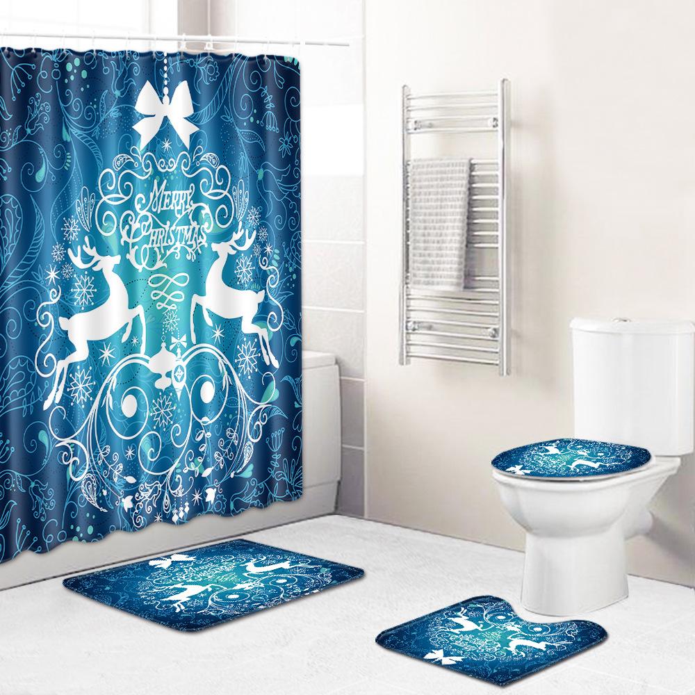 Christmas Shower Curtain Floor Mat Combination Four-Piece Set Bathroom Toilet Carpet Shower Room Mat Foot Mat