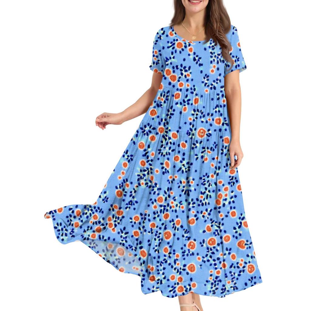 Damen Sommer Rundhals Kurzarm Geblümtes Boho Lockeres Kleid