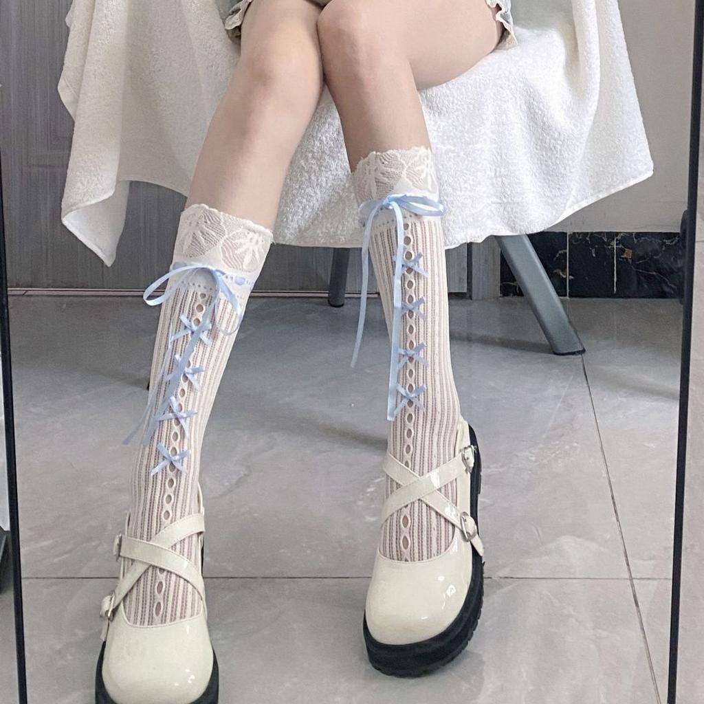 1 Pair Women's Sweet Lace Bow Mid Calf Socks JK Dressing Style Ribbon Straps Mesh Socks