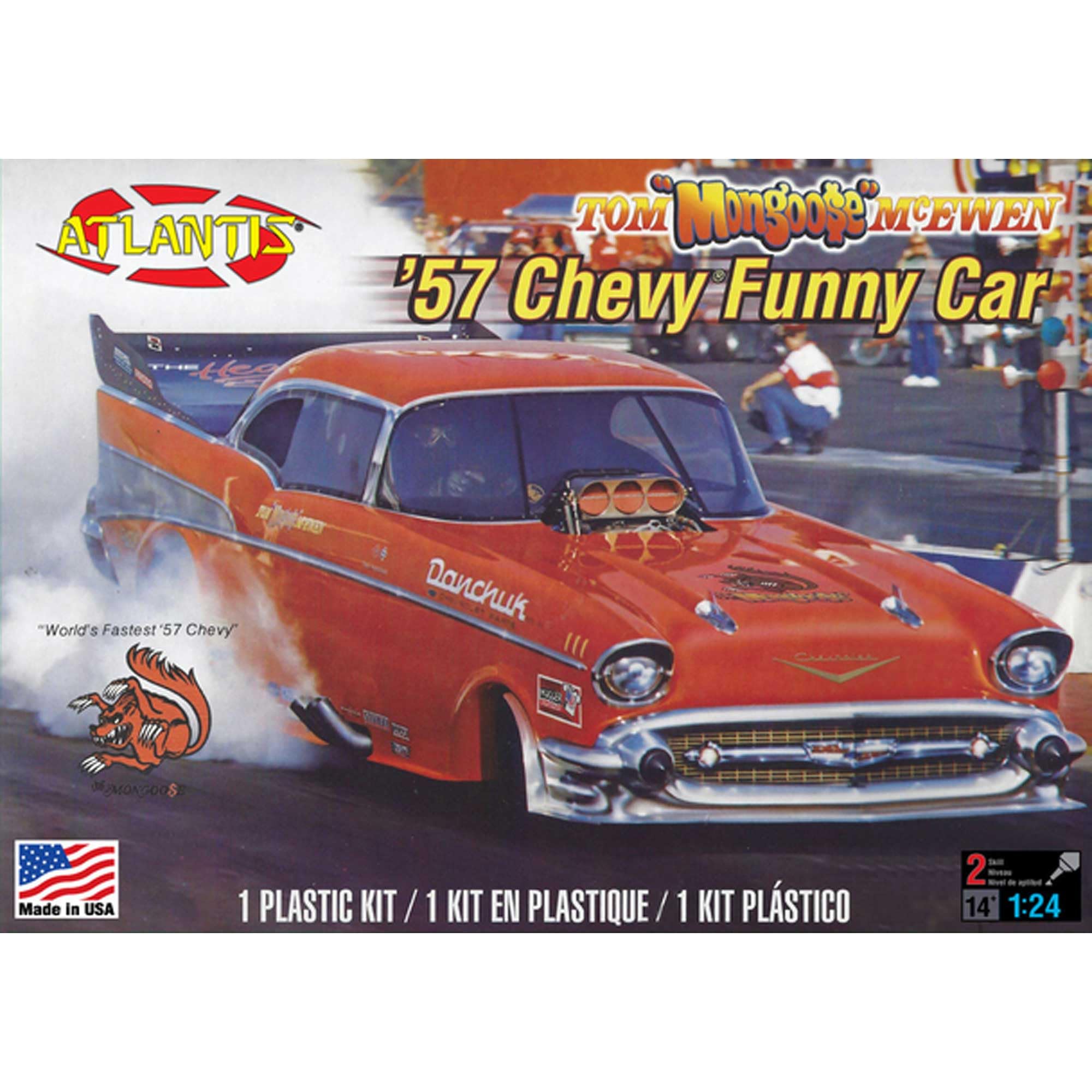 

Atlantis Models Масштаб 1/24 1957 Chevy Funny Car Тома Макьюэна Пластиковый набор для сборки модели (ATLAMCH7172)