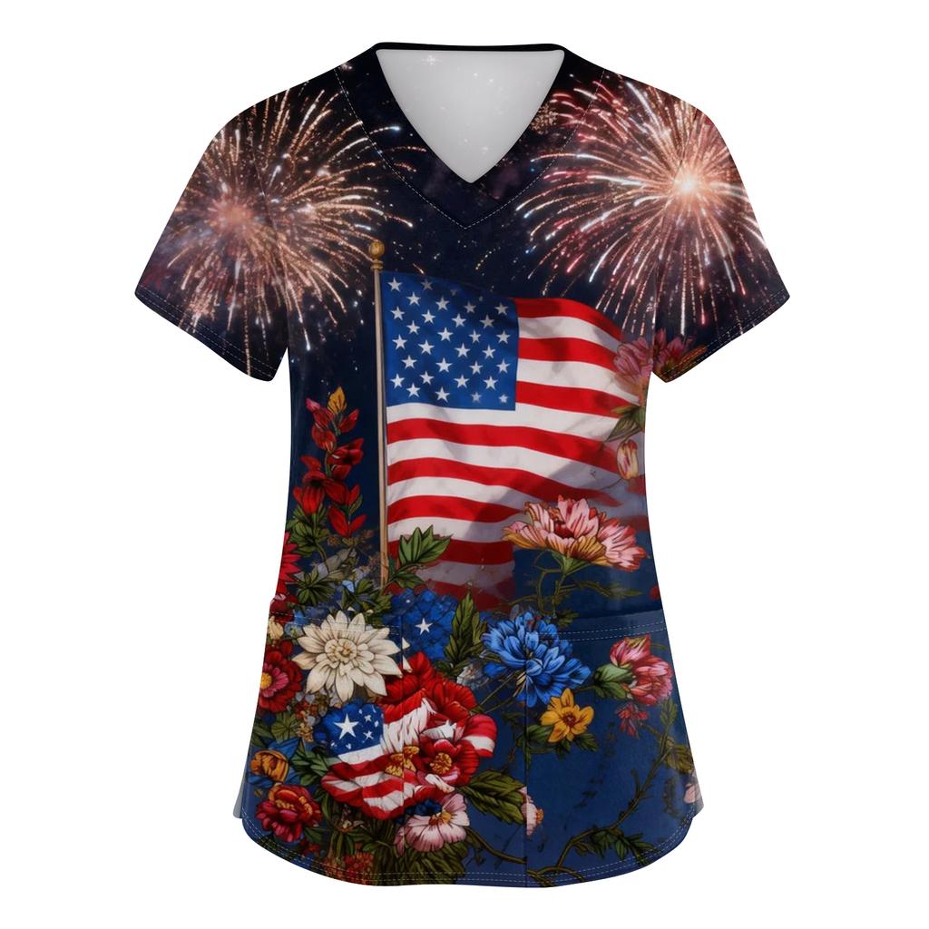 Damen Kurzarm Unabhängigkeitstag Aufdruck V-Ausschnitt Tasche Arbeitskleidung Oberteil