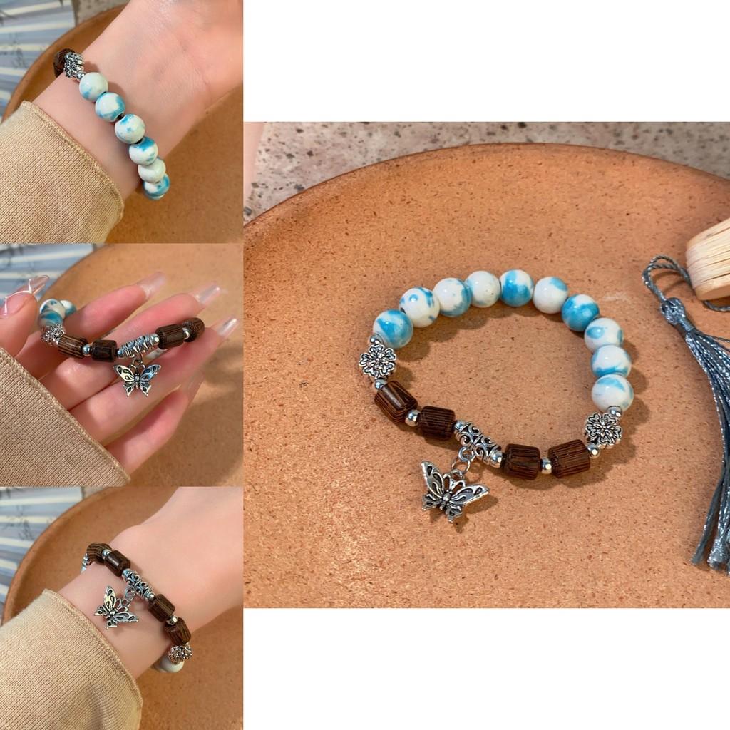 Vintage-inspired Ceramic Butterfly Beaded Bracelet Elegant Handmade Women's Wrist Accessory